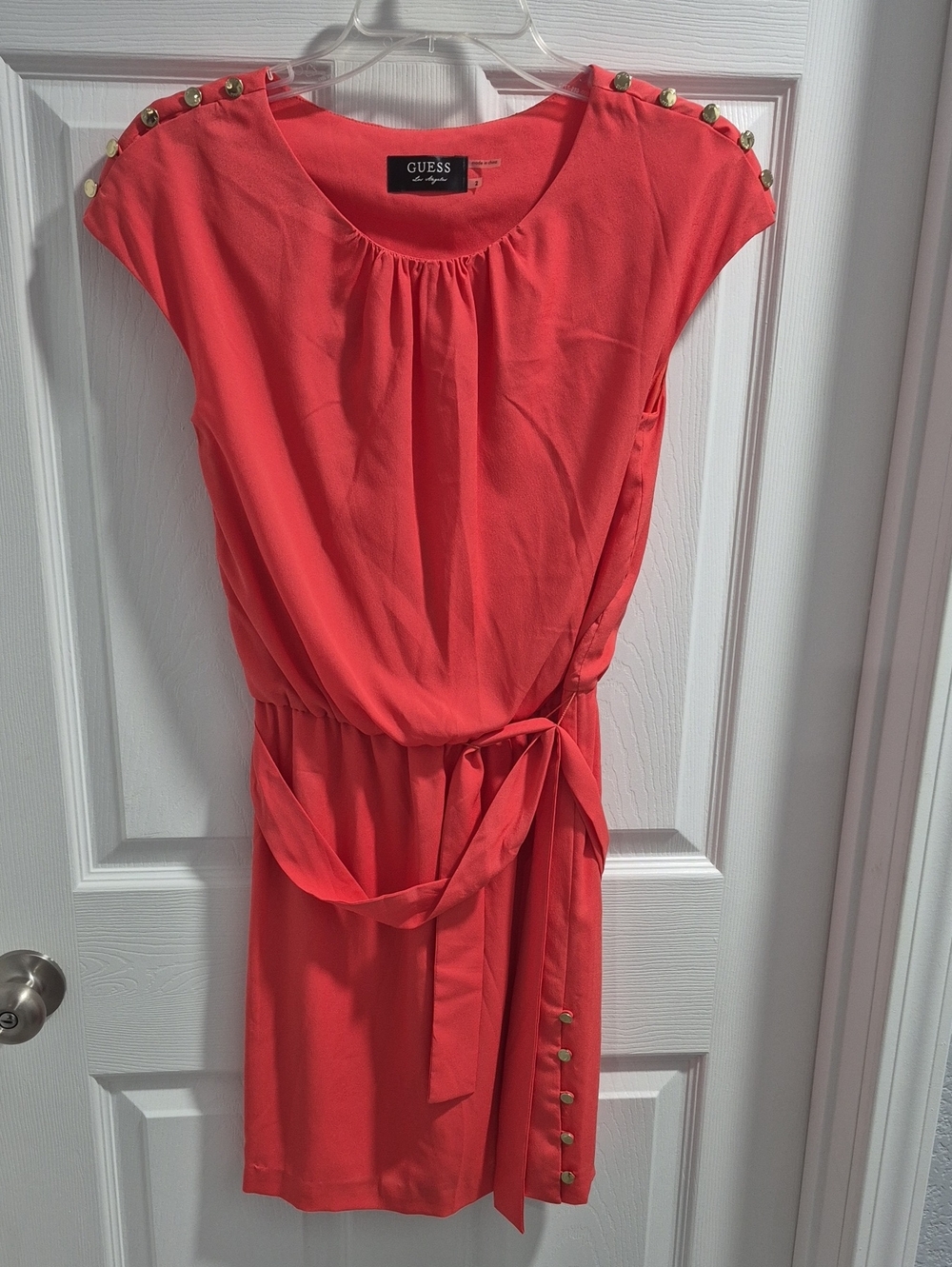 GUESS Coral-Red Studded Shoulder Belted Mini Dress